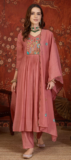 Pink and Majenta color Salwar Kameez in Mul Chanderi fabric with Embroidered work