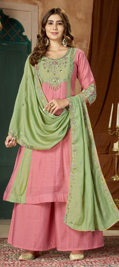 Pink and Majenta color Salwar Kameez in Mul Chanderi fabric with Bugle Beads, Embroidered, Sequence, Thread work