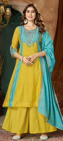 Yellow color Salwar Kameez in Mul Chanderi fabric with Bugle Beads, Embroidered, Sequence, Thread work