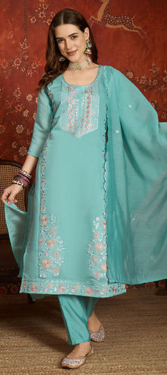 Green color Salwar Kameez in Mul Chanderi fabric with Embroidered work