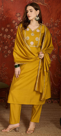 Yellow color Salwar Kameez in Roman fabric with Bugle Beads, Embroidered work