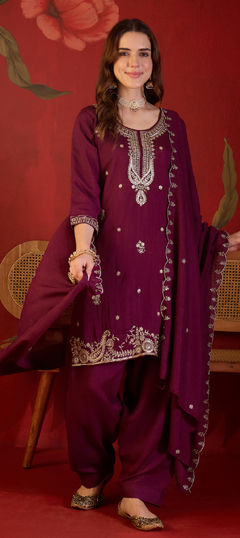 Purple and Violet color Salwar Kameez in Silk fabric with Embroidered work