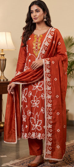 Beige and Brown color Salwar Kameez in Silk cotton fabric with Bugle Beads, Cut Dana, Embroidered work