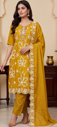 Yellow color Salwar Kameez in Silk cotton fabric with Bugle Beads, Cut Dana, Embroidered work