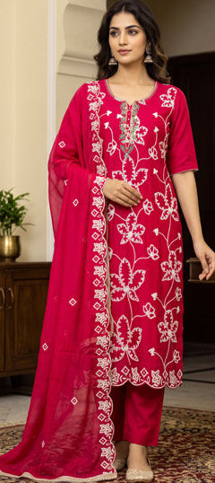 Pink and Majenta color Salwar Kameez in Silk cotton fabric with Bugle Beads, Cut Dana, Embroidered work