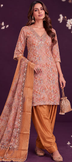 Beige and Brown color Salwar Kameez in Cotton fabric with Bugle Beads, Floral, Gota Patti, Printed, Zardozi work