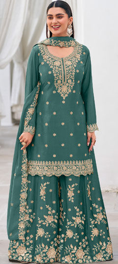 Green color Salwar Kameez in Chinon Silk fabric with Embroidered work