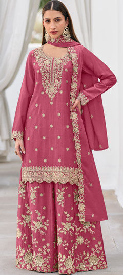 Pink and Majenta color Salwar Kameez in Chinon Silk fabric with Embroidered work
