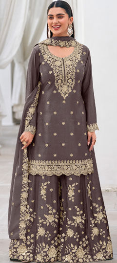 Beige and Brown color Salwar Kameez in Chinon Silk fabric with Embroidered work