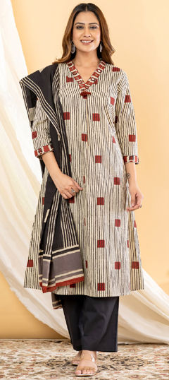 Beige and Brown, Black and Grey color Salwar Kameez in Cotton fabric with Printed, Thread work