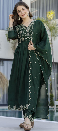 Green color Salwar Kameez in Art Silk fabric with Embroidered, Sequence work