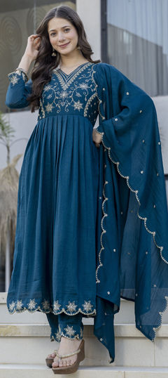 Blue color Salwar Kameez in Art Silk fabric with Embroidered, Sequence work