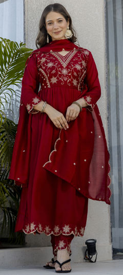 Red and Maroon color Salwar Kameez in Art Silk fabric with Embroidered, Sequence work