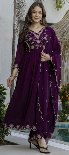 Purple and Violet color Salwar Kameez in Art Silk fabric with Embroidered, Sequence work