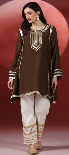 Beige and Brown color Salwar Kameez in Chanderi Silk fabric with Gota Patti, Sequence work