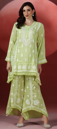 Green color Salwar Kameez in Cotton, Viscose fabric with Embroidered, Thread work
