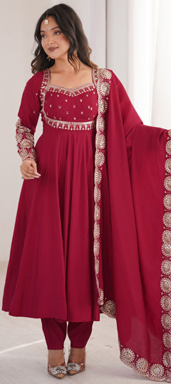 Pink and Majenta color Salwar Kameez in Roman Silk fabric with Embroidered, Sequence work