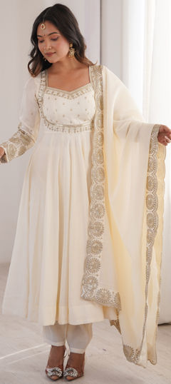 White and Off White color Salwar Kameez in Roman Silk fabric with Embroidered, Sequence work