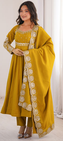 Yellow color Salwar Kameez in Roman Silk fabric with Embroidered, Sequence work