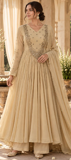Beige and Brown color Salwar Kameez in Georgette fabric with Bugle Beads, Sequence, Zardozi work