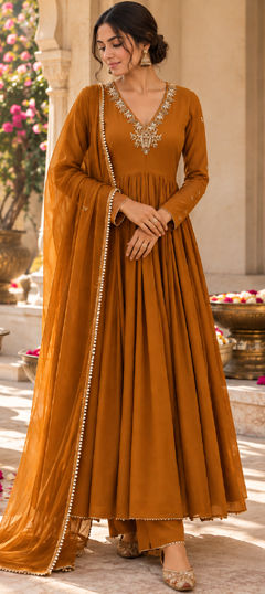 Orange color Salwar Kameez in Cotton fabric with Sequence, Zardozi work