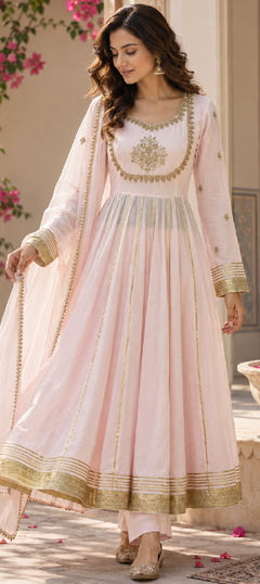 Pink and Majenta color Salwar Kameez in Cotton fabric with Bugle Beads, Sequence, Thread work
