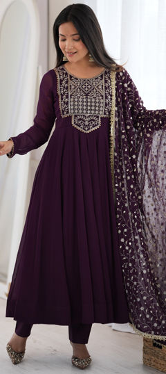 Purple and Violet color Salwar Kameez in Faux Georgette fabric with Embroidered, Sequence, Zari work