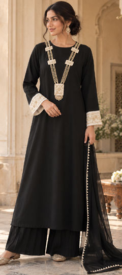 Black and Grey color Salwar Kameez in Rayon fabric with Bugle Beads, Moti, Zari work