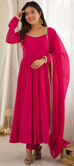 Pink and Majenta color Salwar Kameez in Mul Chanderi fabric with Lace, Mirror work
