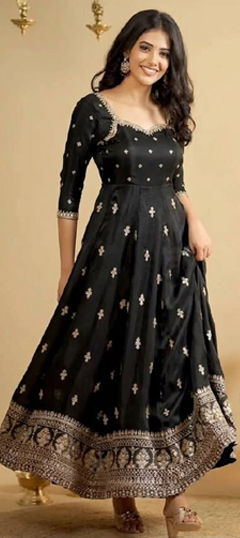 Black and Grey color Salwar Kameez in Silk fabric with Embroidered, Sequence, Thread work
