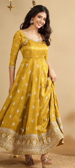 Yellow color Salwar Kameez in Silk fabric with Embroidered, Sequence, Thread work