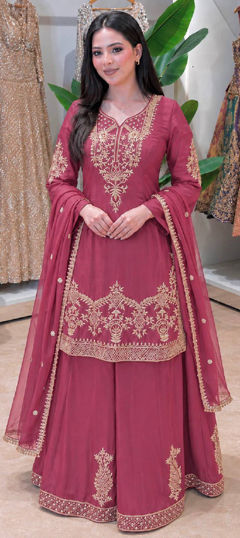 Pink and Majenta color Salwar Kameez in Crepe Silk fabric with Embroidered, Sequence work