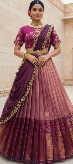 Pink and Majenta, Purple and Violet color Lehenga in Silk fabric with Embroidered work
