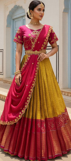 Pink and Majenta, Yellow color Lehenga in Silk fabric with Embroidered work