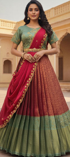 Green, Red and Maroon color Lehenga in Silk fabric with Embroidered work