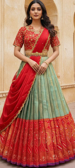 Green, Red and Maroon color Lehenga in Silk fabric with Embroidered work
