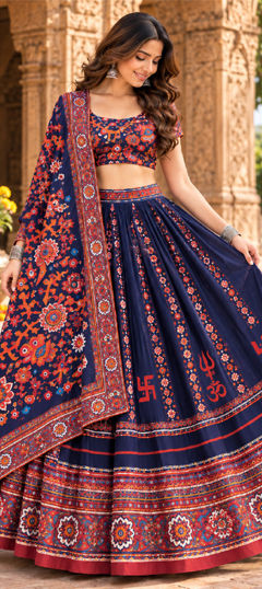 Blue color Lehenga in Chinon Silk fabric with Mirror, Printed work