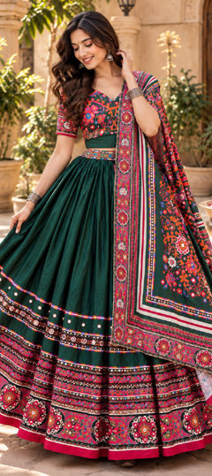 Green color Lehenga in Chinon Silk fabric with Mirror, Printed work