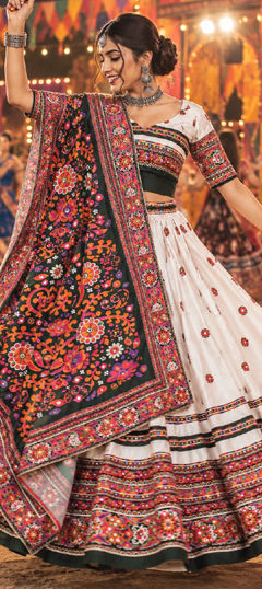 White and Off White color Lehenga in Chinon Silk fabric with Mirror, Printed work