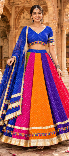 Multicolor color Lehenga in Georgette fabric with Lace, Printed work