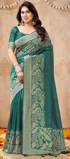Green color Saree in Raw Silk fabric with Weaving work