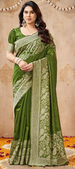 Green color Saree in Raw Silk fabric with Weaving work