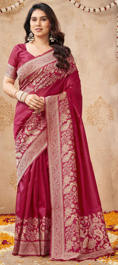 Red and Maroon color Saree in Raw Silk fabric with Weaving work