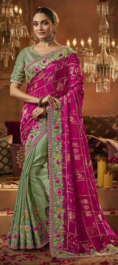 Green, Pink and Majenta color Saree in Silk fabric with Embroidered, Lace, Mirror, Sequence, Stone, Weaving work