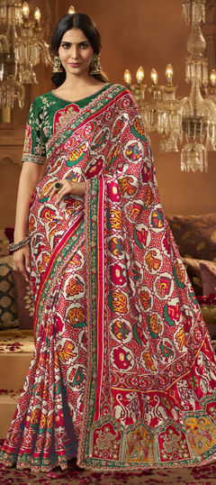 Green color Saree in Silk fabric with Bugle Beads, Embroidered, Sequence, Thread, Weaving, Zari work