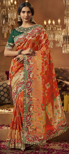 Green, Orange color Saree in Silk fabric with Embroidered, Thread, Weaving, Zari work