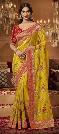 Pink and Majenta, Yellow color Saree in Silk fabric with Bugle Beads, Embroidered, Sequence, Weaving work