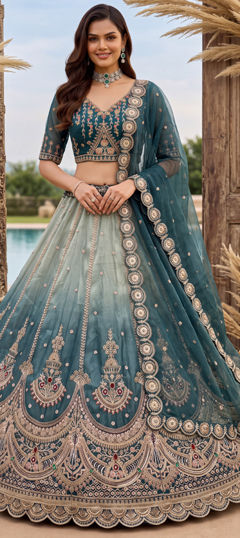 Beige and Brown, Blue color Lehenga in Chanderi Silk fabric with Bugle Beads, Cut Dana, Embroidered, Sequence, Stone work