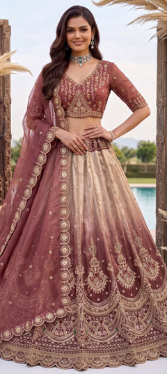 Pink and Majenta color Lehenga in Chanderi Silk fabric with Bugle Beads, Cut Dana, Embroidered, Sequence, Stone work