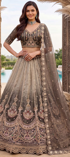 Black and Grey color Lehenga in Chanderi Silk fabric with Bugle Beads, Cut Dana, Embroidered, Sequence, Stone work
